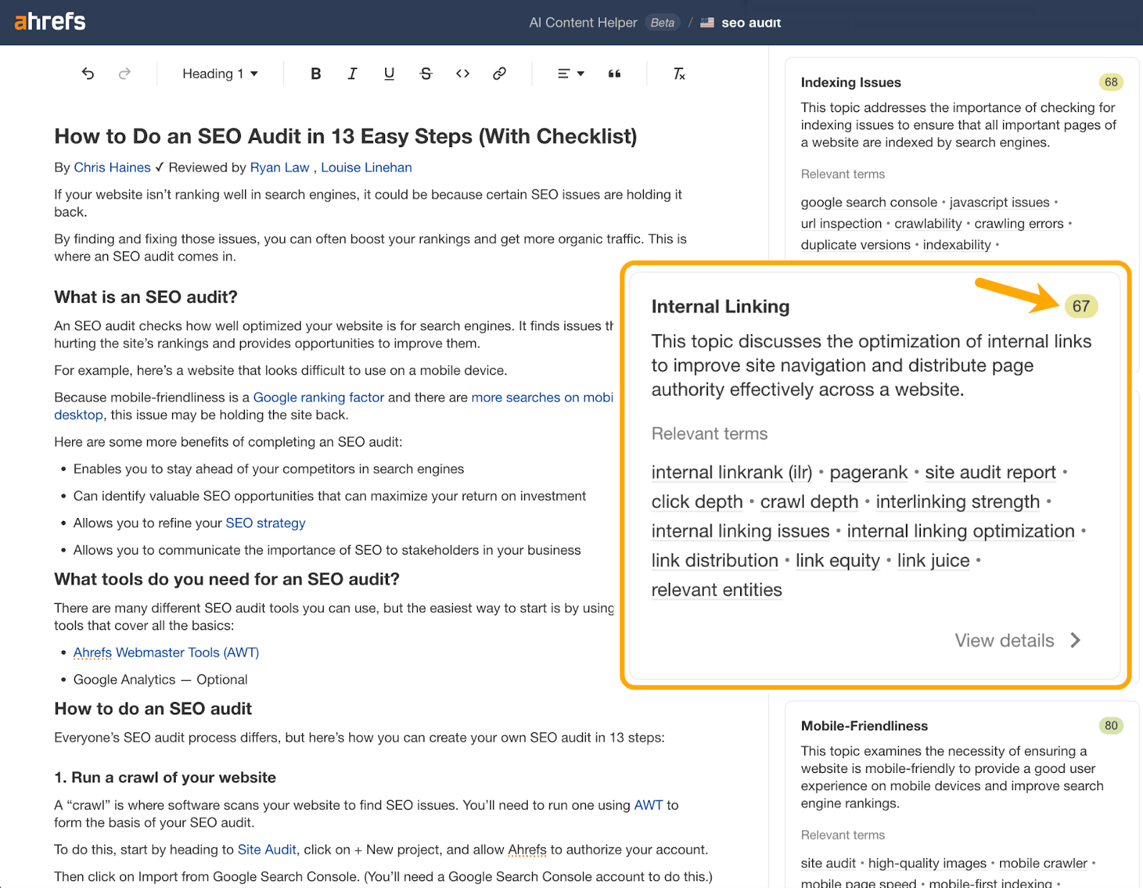 Captura de pantalla de la herramienta AI Content Helper de Ahrefs, destacando una puntuación de 67 para el tema de "enlazado interno"