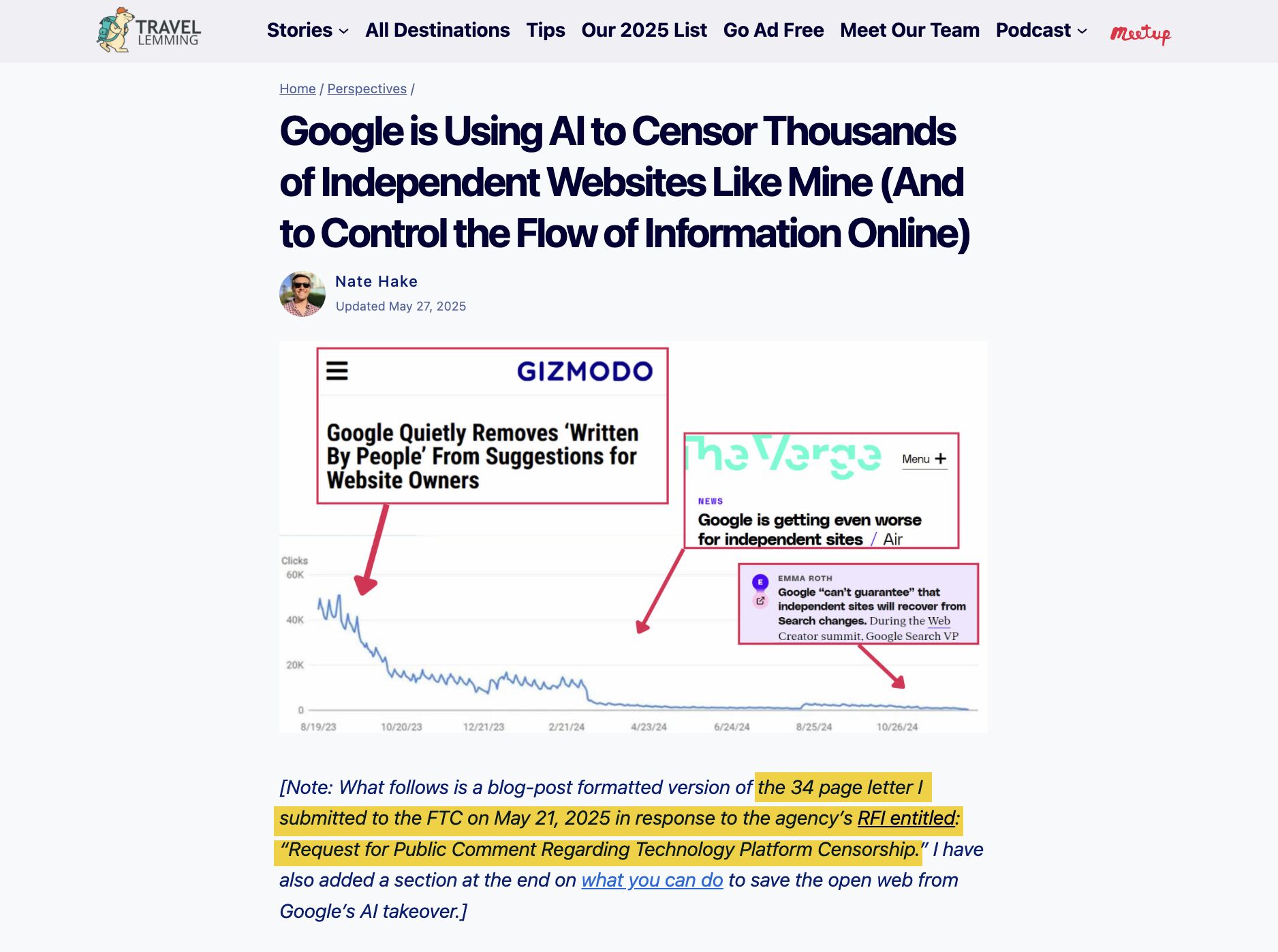 Captura de pantalla de una publicación de blog del sitio web Travel Lemming titulada "Google está utilizando la IA para censurar miles de sitios web independientes como el mío (y para controlar el flujo de información en línea)" por Nate Hake, actualizada el 27 de mayo de 2025.