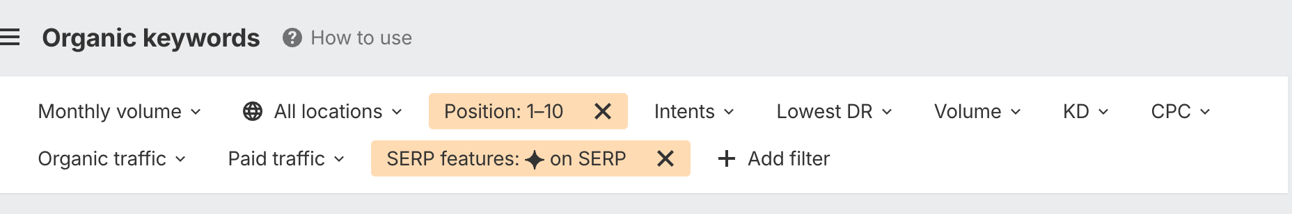 Palabras clave orgánicas filtradas por Vista General de IA en Ahrefs Site Explorer