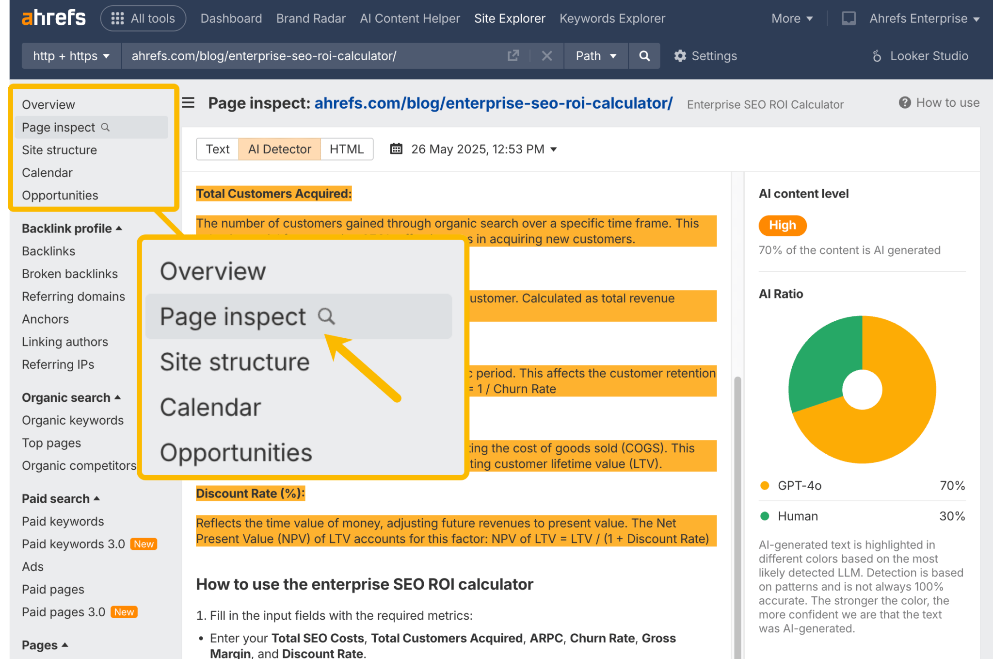 Captura de pantalla de la interfaz de usuario de la herramienta Page Inspect dentro de Site Explorer de Ahrefs.