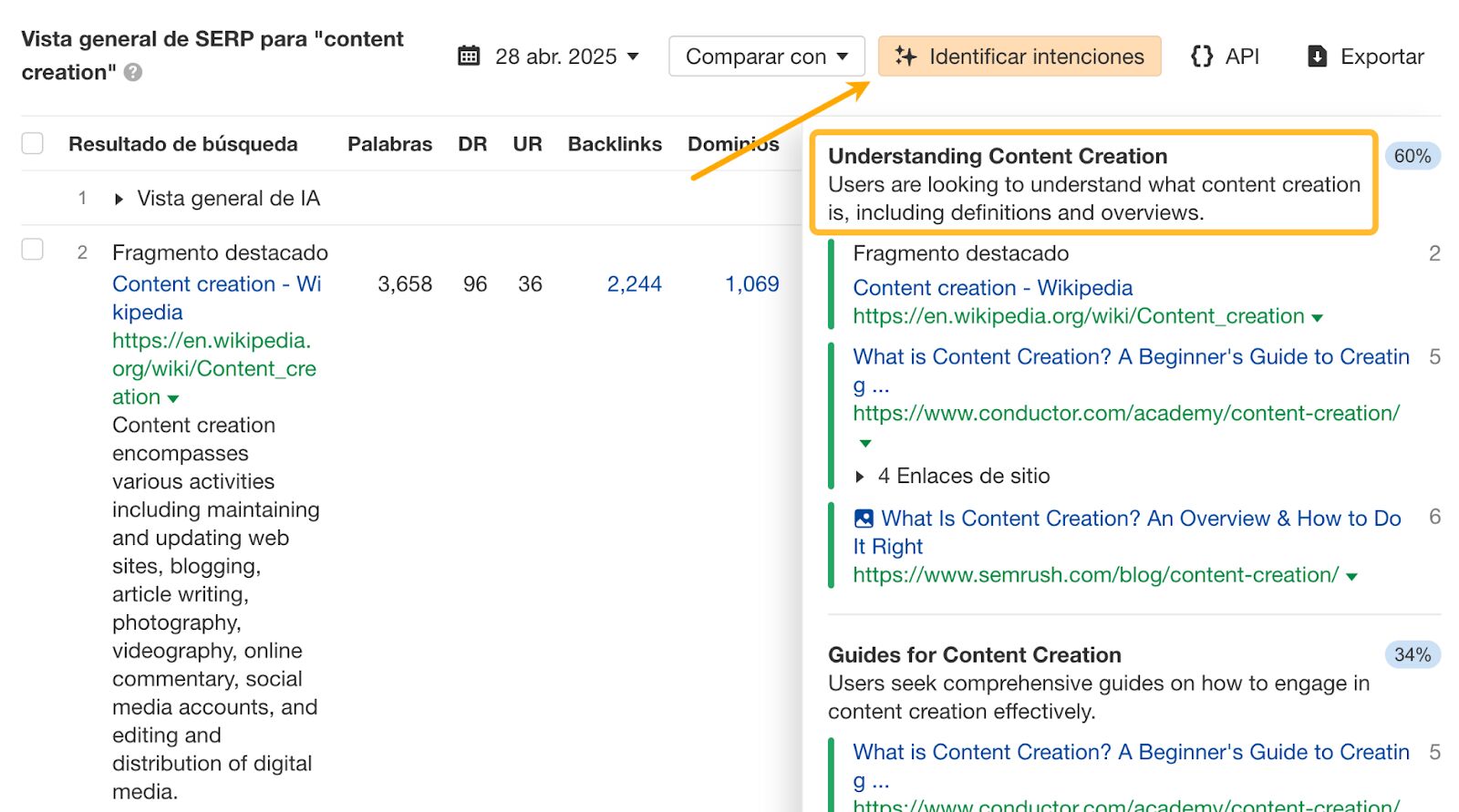 Funcionalidad para identificar la intención en Keywords Explorer de Ahrefs.