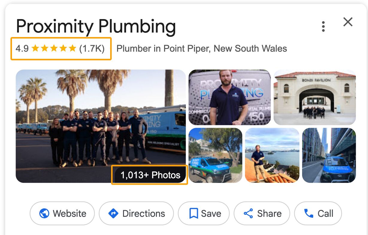 Captura de pantalla del perfil de Google Business de Proximity Plumbing, destacando más de 1.700 reseñas obtenidas y 1.013 fotos subidas.