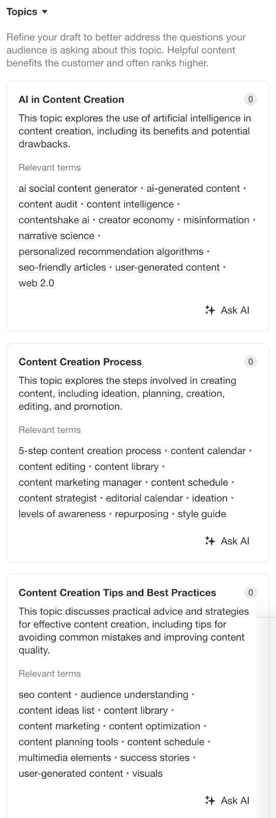 Subtemas recomendados por AI Content Helper para "creación de contenidos".