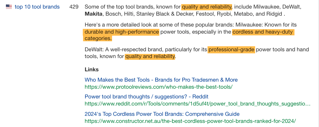 El informe Brand Radar de Ahrefs que muestra las marcas mencionadas en los AI Overviews de Google para la palabra clave "top 10 tool brands".