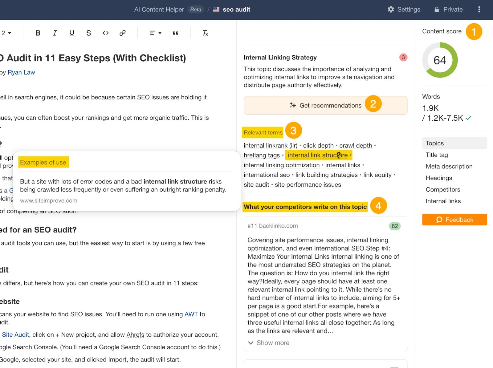 Una captura de pantalla de AI Content Helper de Ahrefs que destaca las puntuaciones de contenido, las recomendaciones, los términos relevantes y el contenido de la competencia.