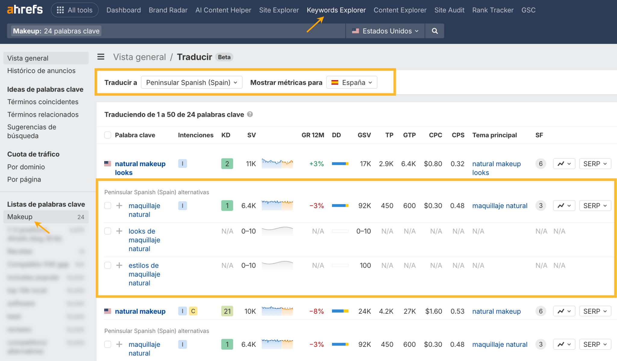 Ejemplo de la función de traducción de keywords con IA de Ahrefs.