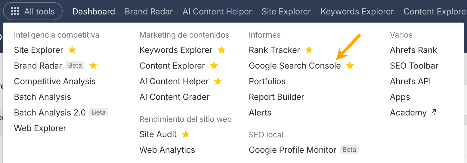google search console desde el menú de ahrefs