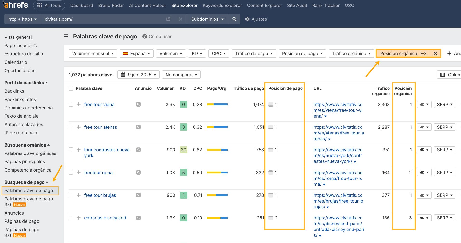 Palabras clave de pago en Civitatis por las que se posicionan orgánicamente en los 3 primeros resultados. 