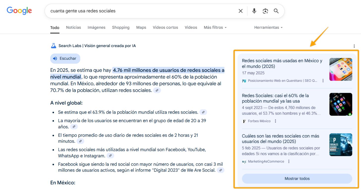 Captura de pantalla de una AI Overview de Google para la consulta "cuanta gente usa redes sociales".