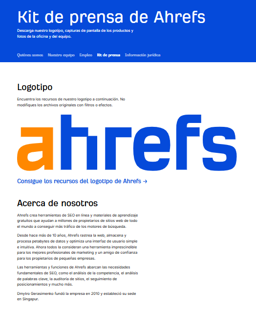 Kit de medios de Ahrefs que contiene un logotipo y un texto "Sobre nosotros".