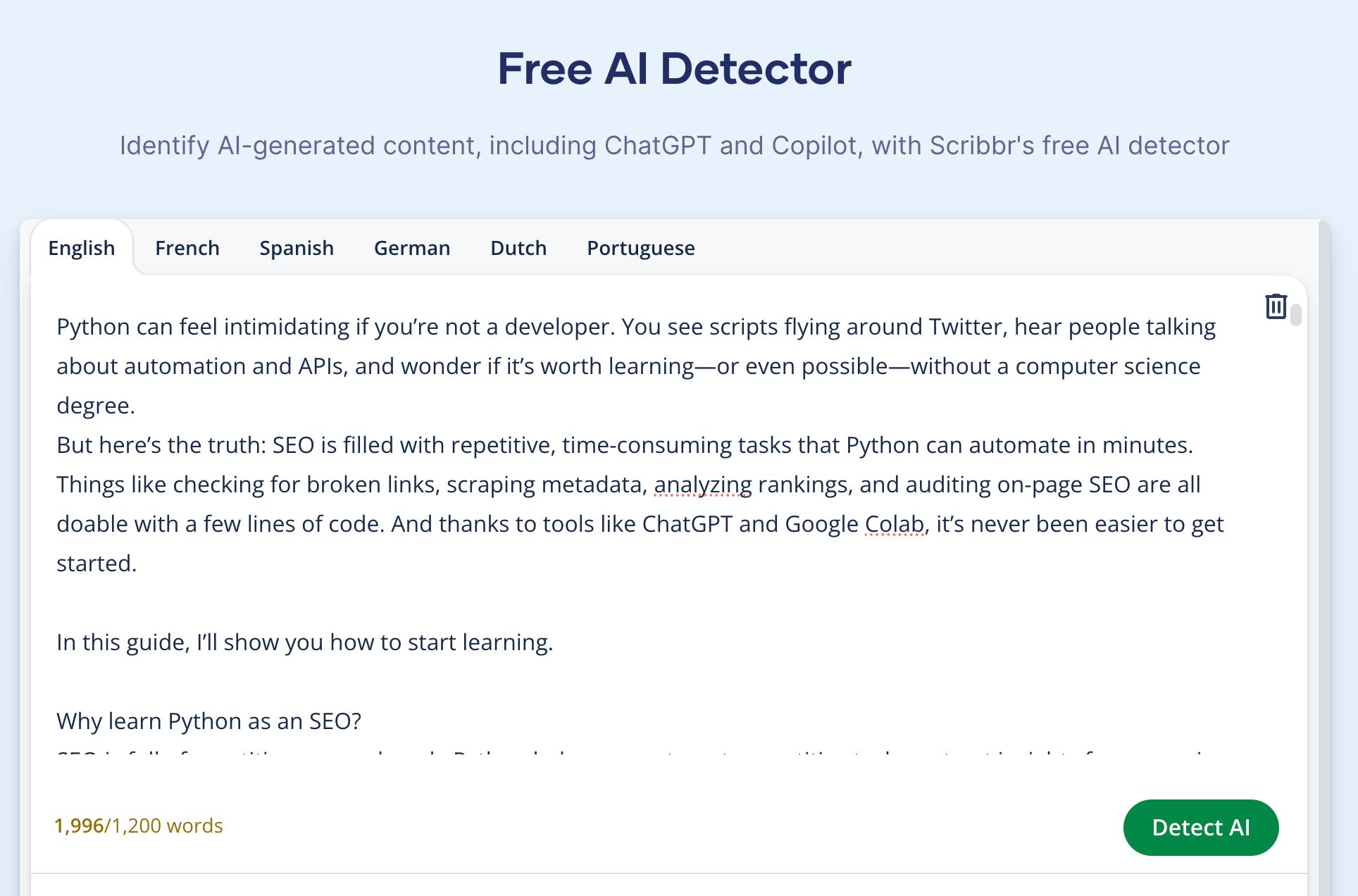 El detector de IA de Scribbr.