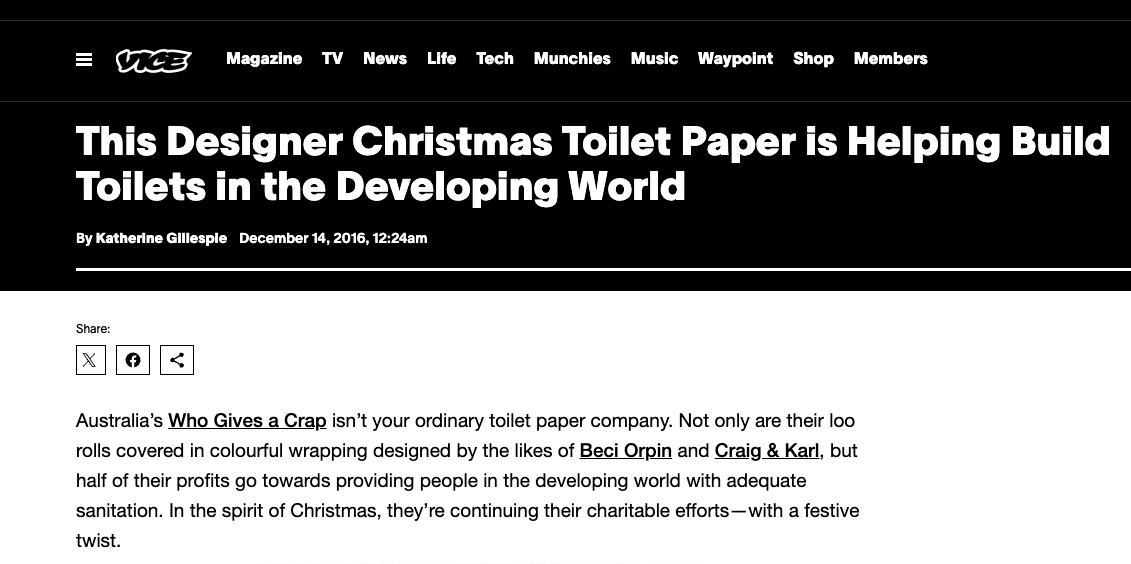 Un artículo en Vice que presenta a Who Gives a Crap y su misión de hacer accesible el agua potable en todo el mundo.