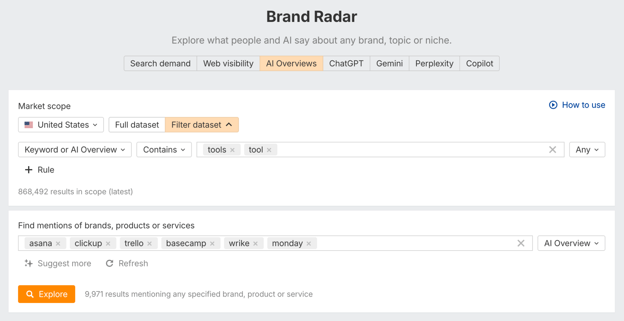 Brand Radar: comprobando la visibilidad de las marcas de gestión de proyectos en AI Overviews.
