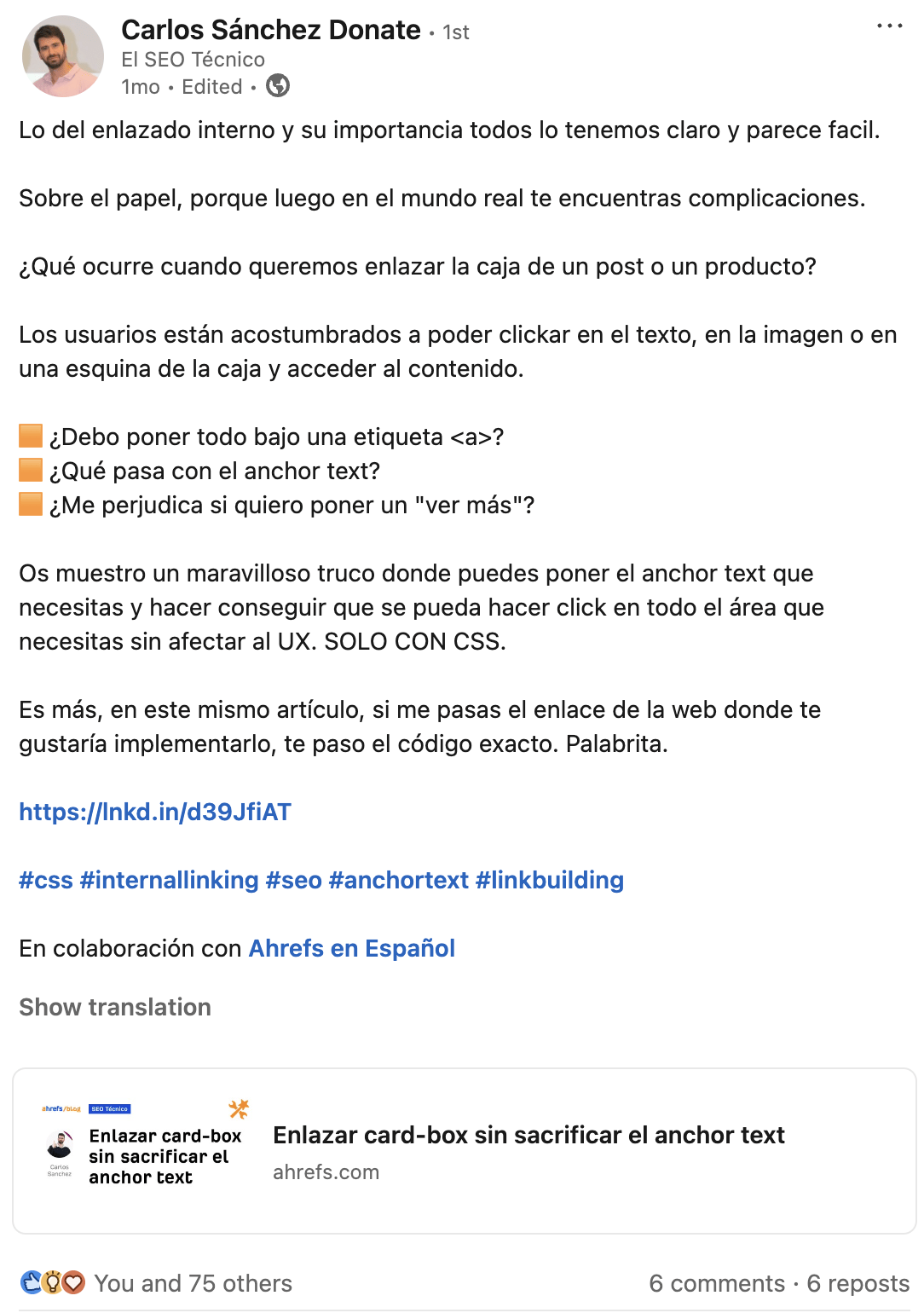 Un autor local comparte su trabajo en las redes sociales, amplificando el post publicado en el blog de Ahrefs.