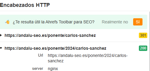 Captura de pantalla de la sección "Encabezados HTTP" en Ahrefs.