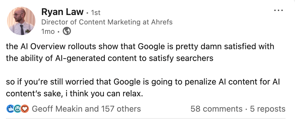 El post de Ryan Law en LinkedIn sobre cómo Google no penalizará el contenido de IA