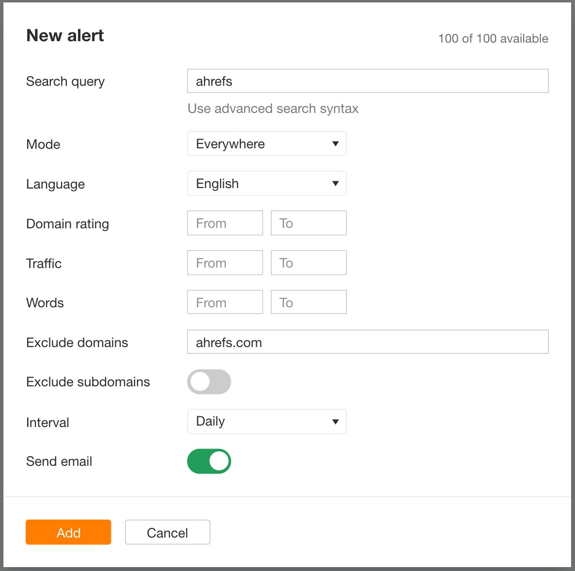 Configuración de Alertas de Ahrefs para rastrear las menciones de tu marca.