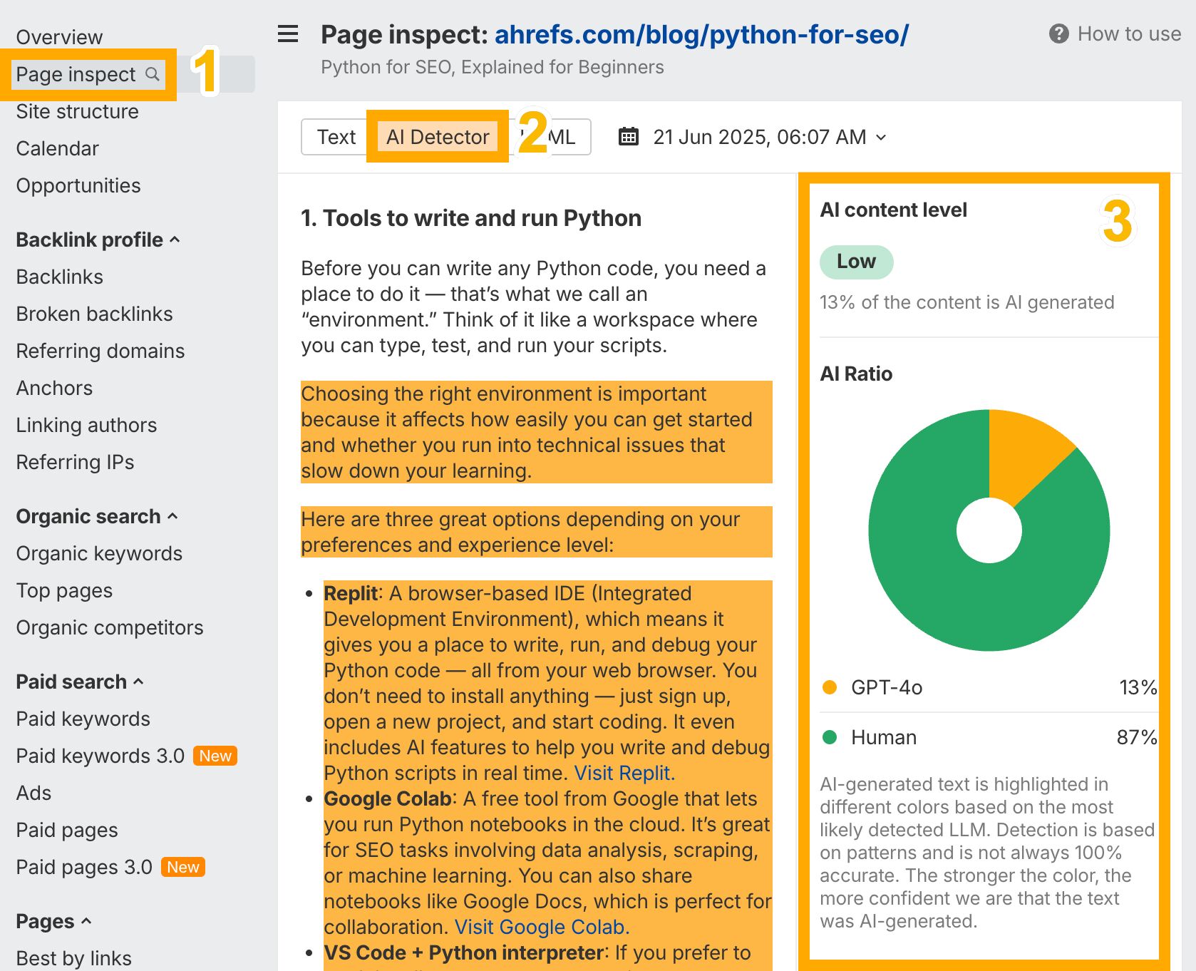 El detector de IA de Ahrefs destacando el texto generado por IA.