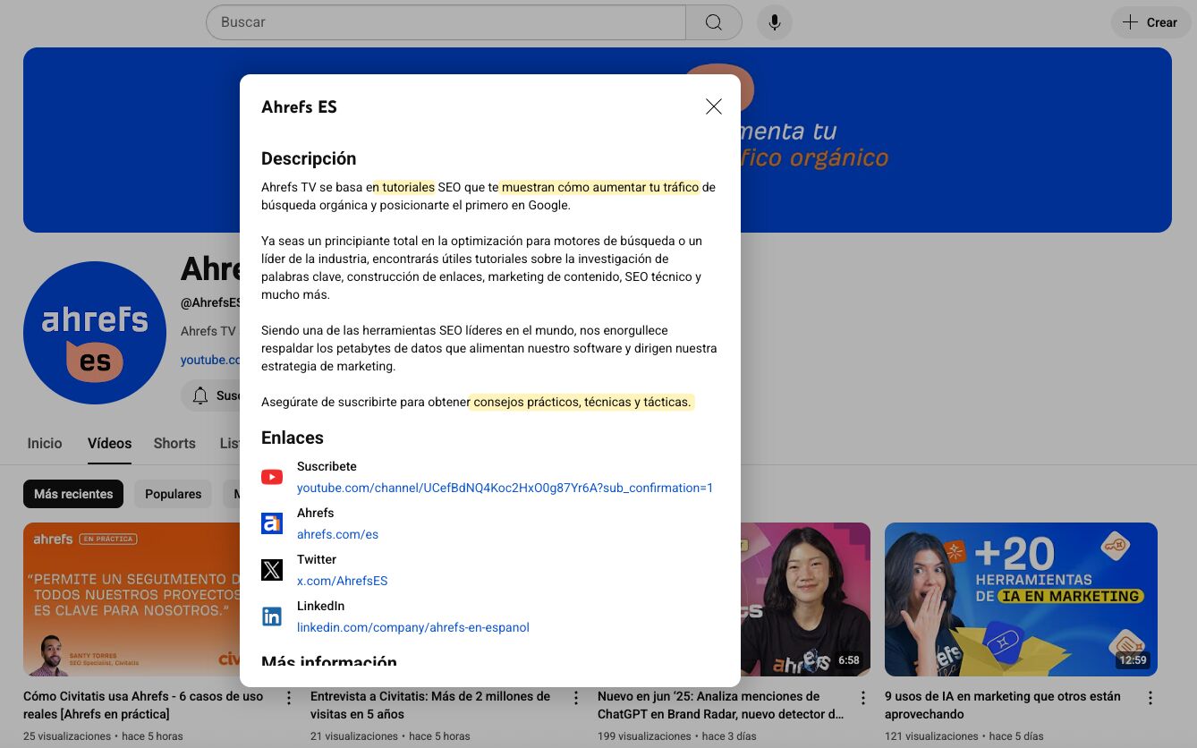 Canal de YouTube de Ahrefs