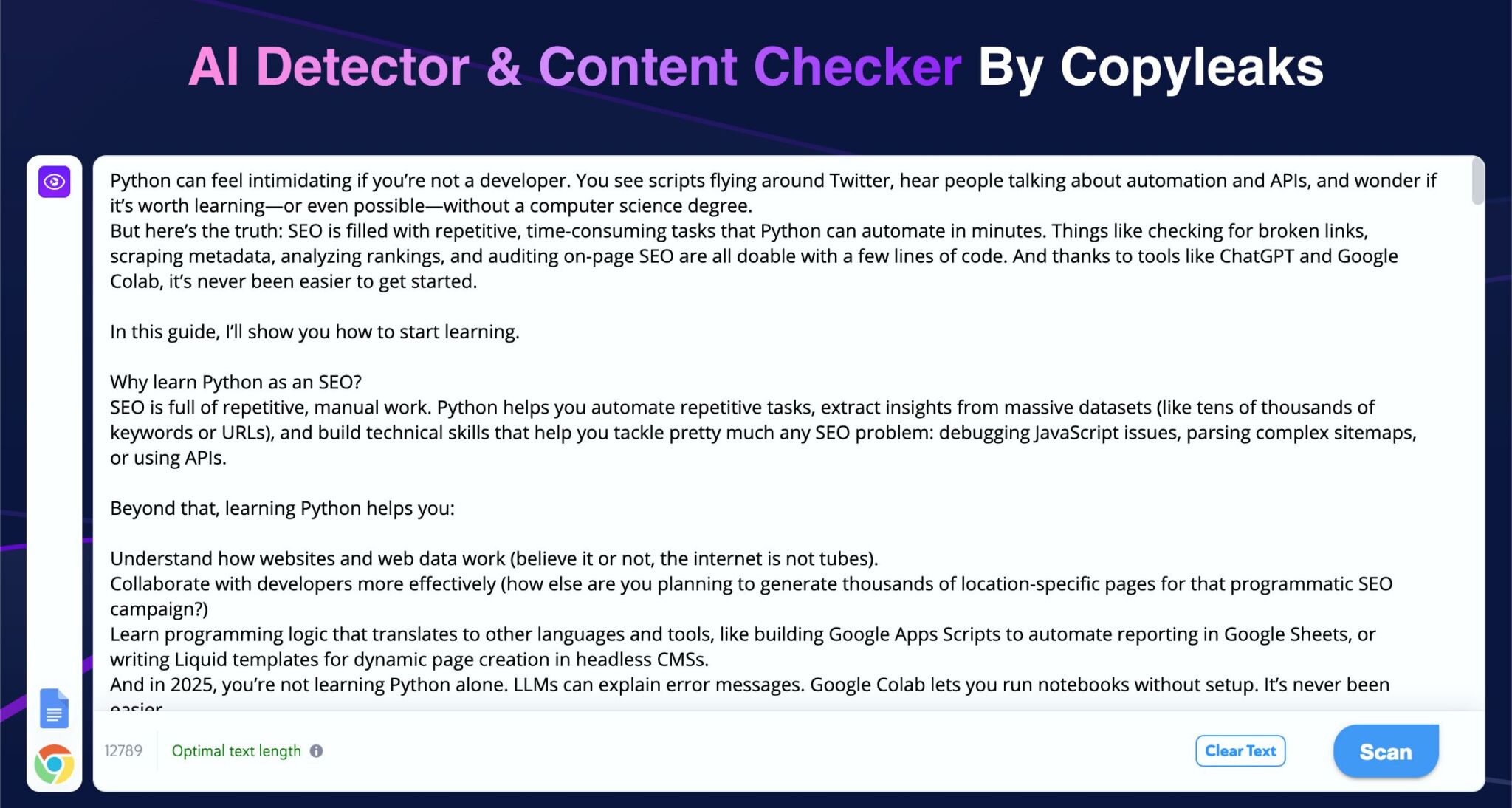 El detector de IA de Copyleaks.