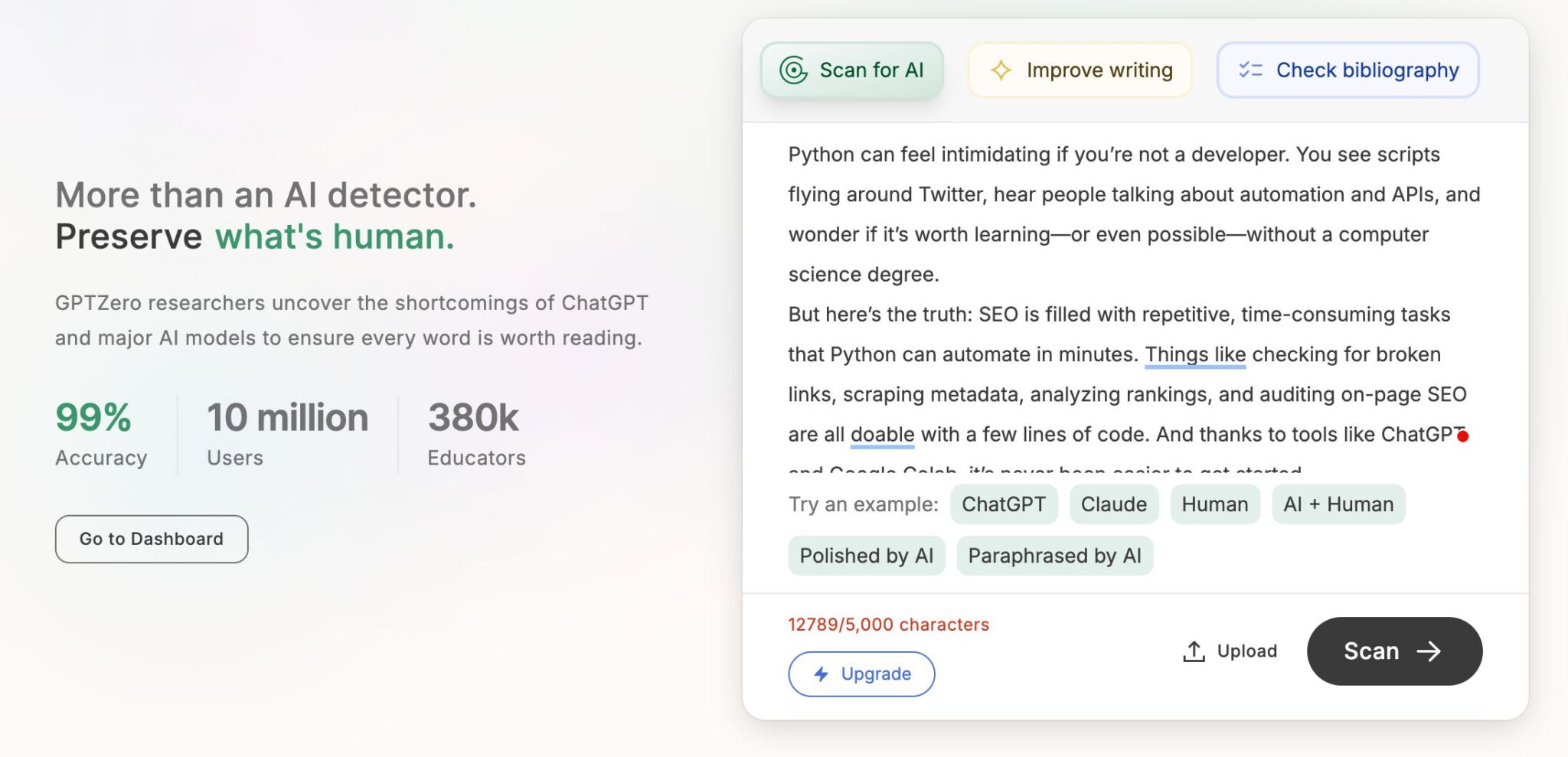 El detector de IA de GPTZero.