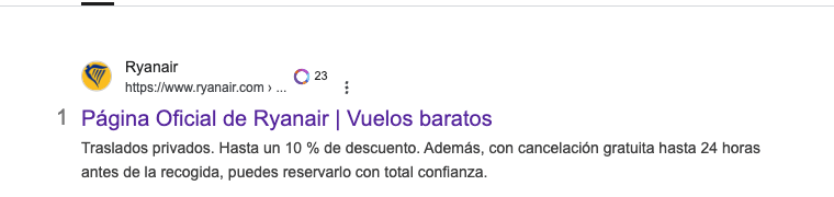 Meta descripción de la web de Ryanair