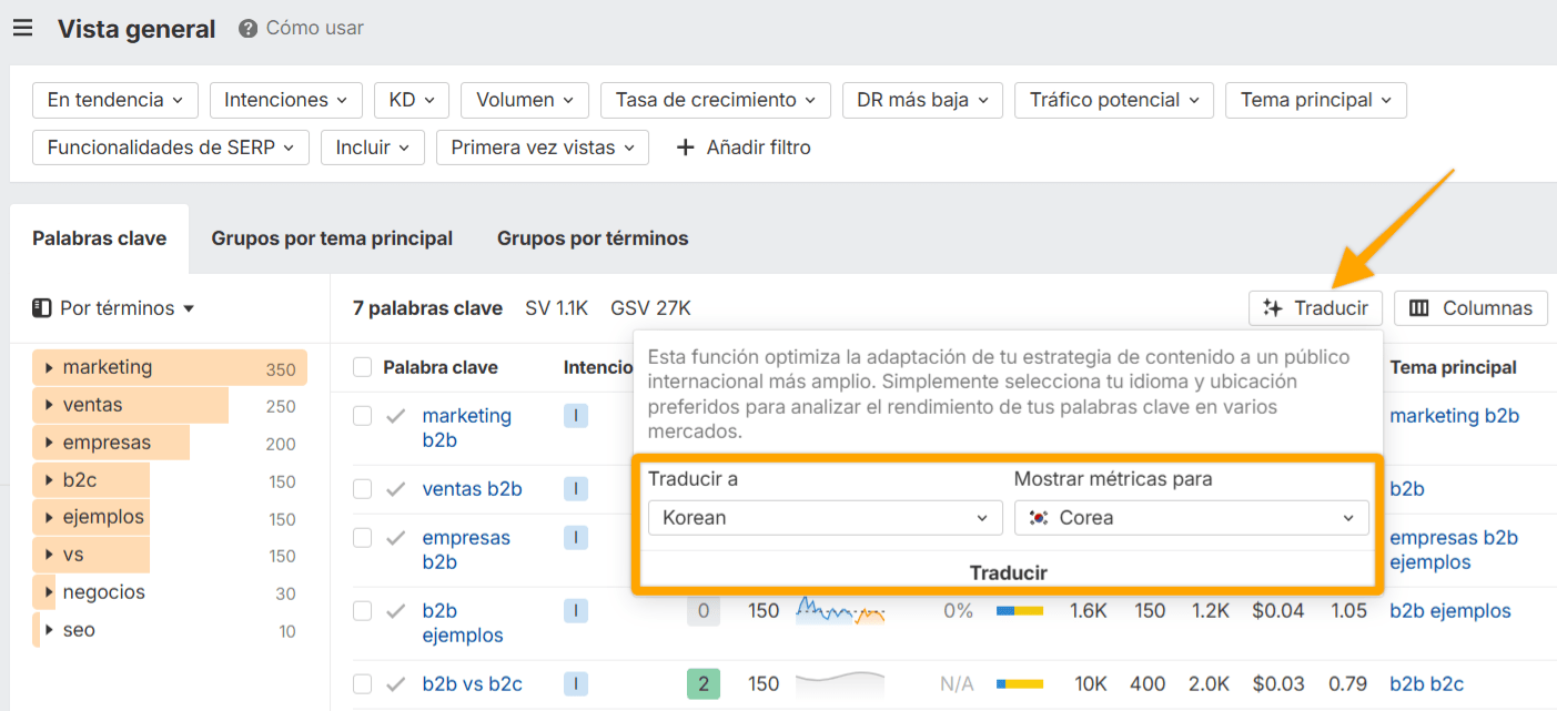 Cómo traducir palabras clave en Ahrefs.