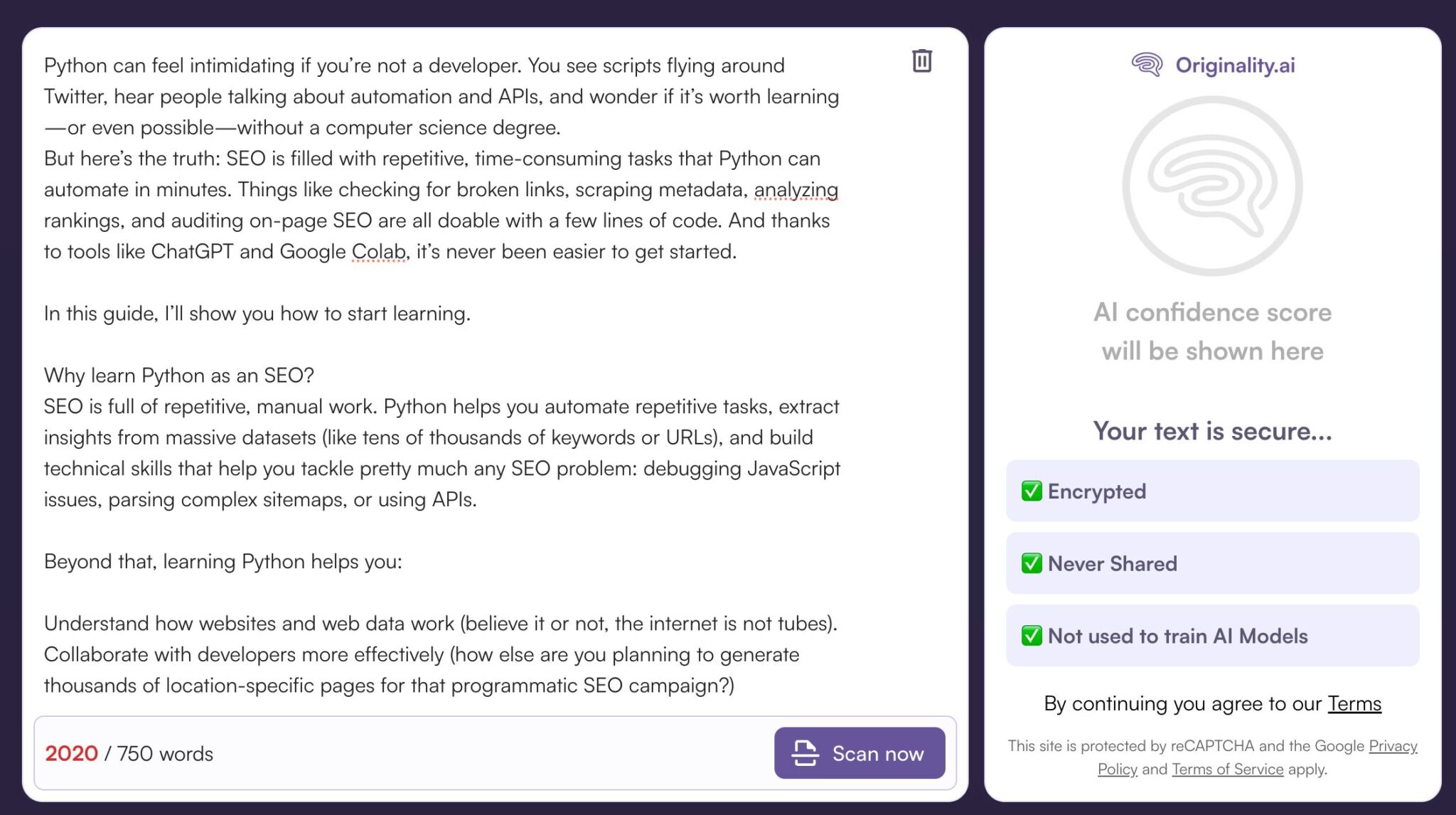 El detector de IA de Originality.ai.