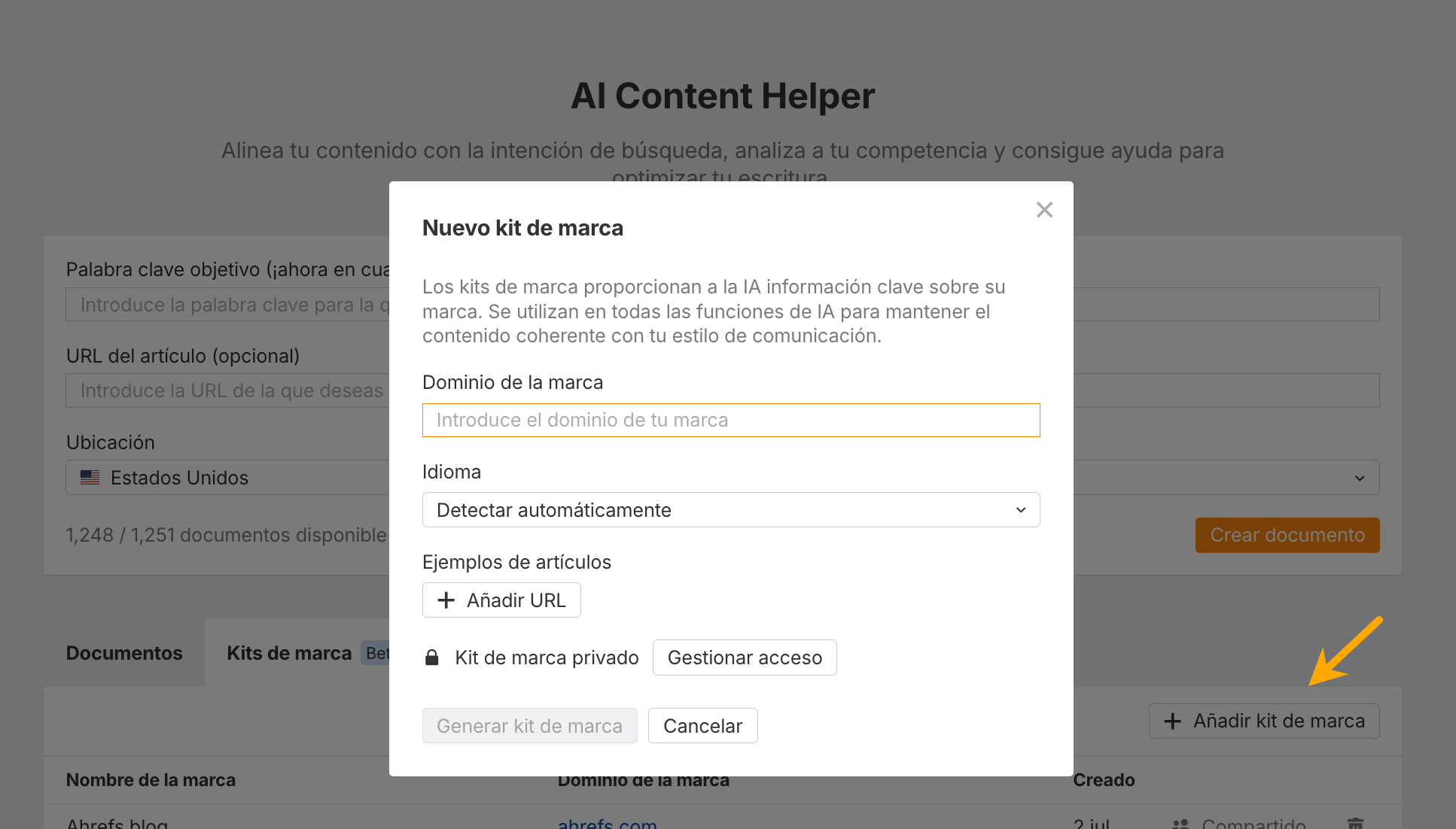 Kits de marca en AI Content Helper de Ahrefs