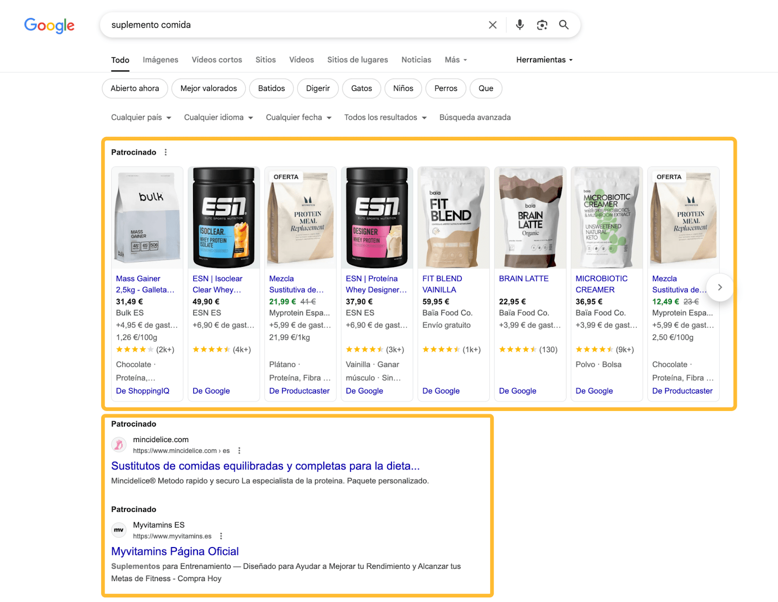 Sección de anuncios en Google.