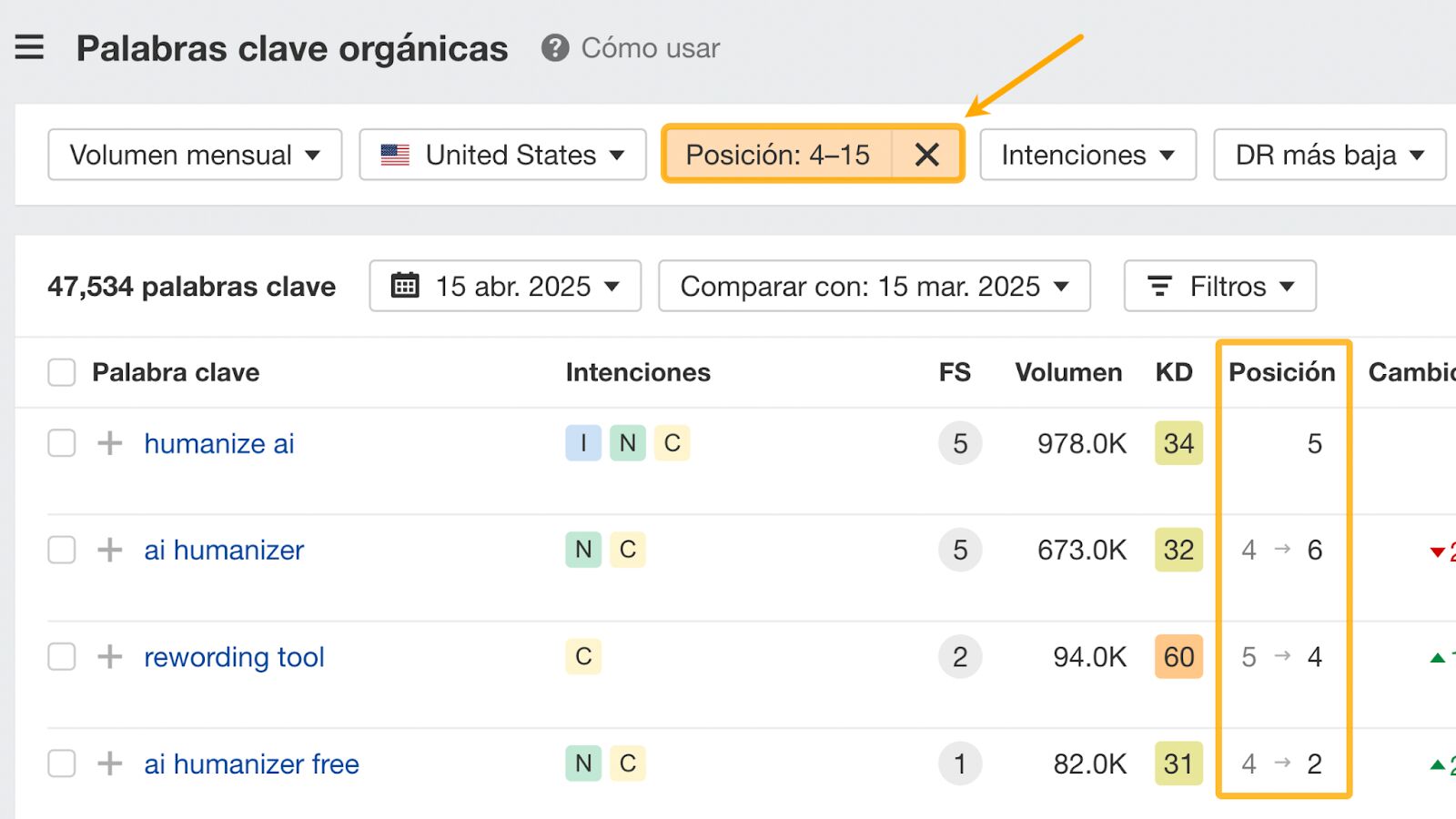 Informe de palabras claves orgánicas de Site Explorer.