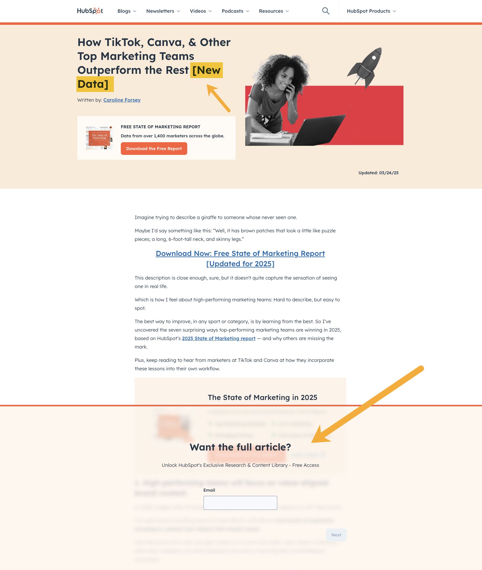 Página del blog de HubSpot titulada "Cómo TikTok, Canva y otros equipos de marketing de primer nivel superan al resto [Nuevos datos]" con texto resaltado y una flecha que lo señala. La página muestra a una mujer trabajando en un portátil con un gráfico de un cohete. En la parte inferior hay un formulario de captura de leads que pregunta "¿Quieres el artículo completo?" con un texto sobre cómo desbloquear la investigación y la biblioteca de contenido exclusivas de HubSpot.