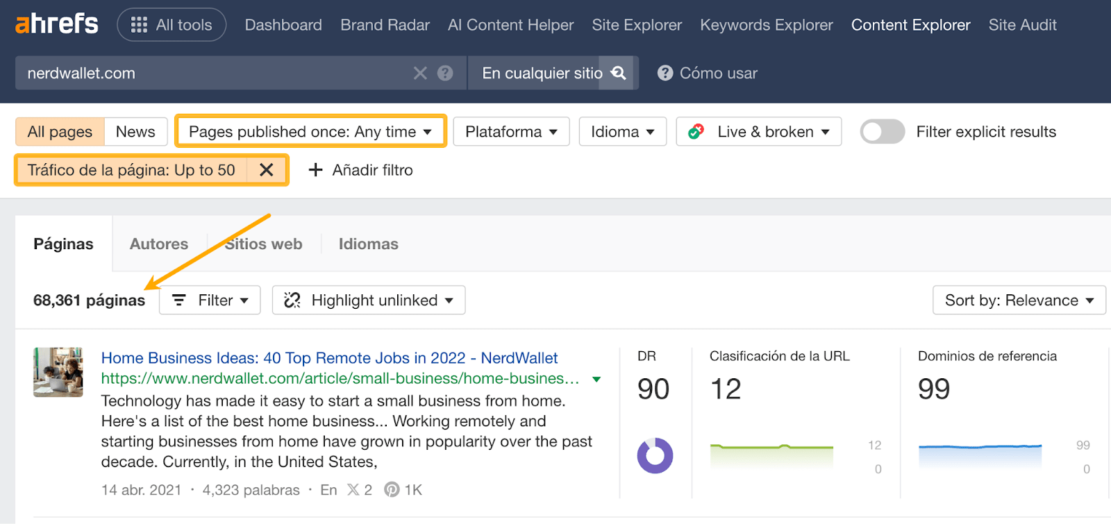 Puedes usar Content Explorer para buscar oportunidades de SEO fáciles.