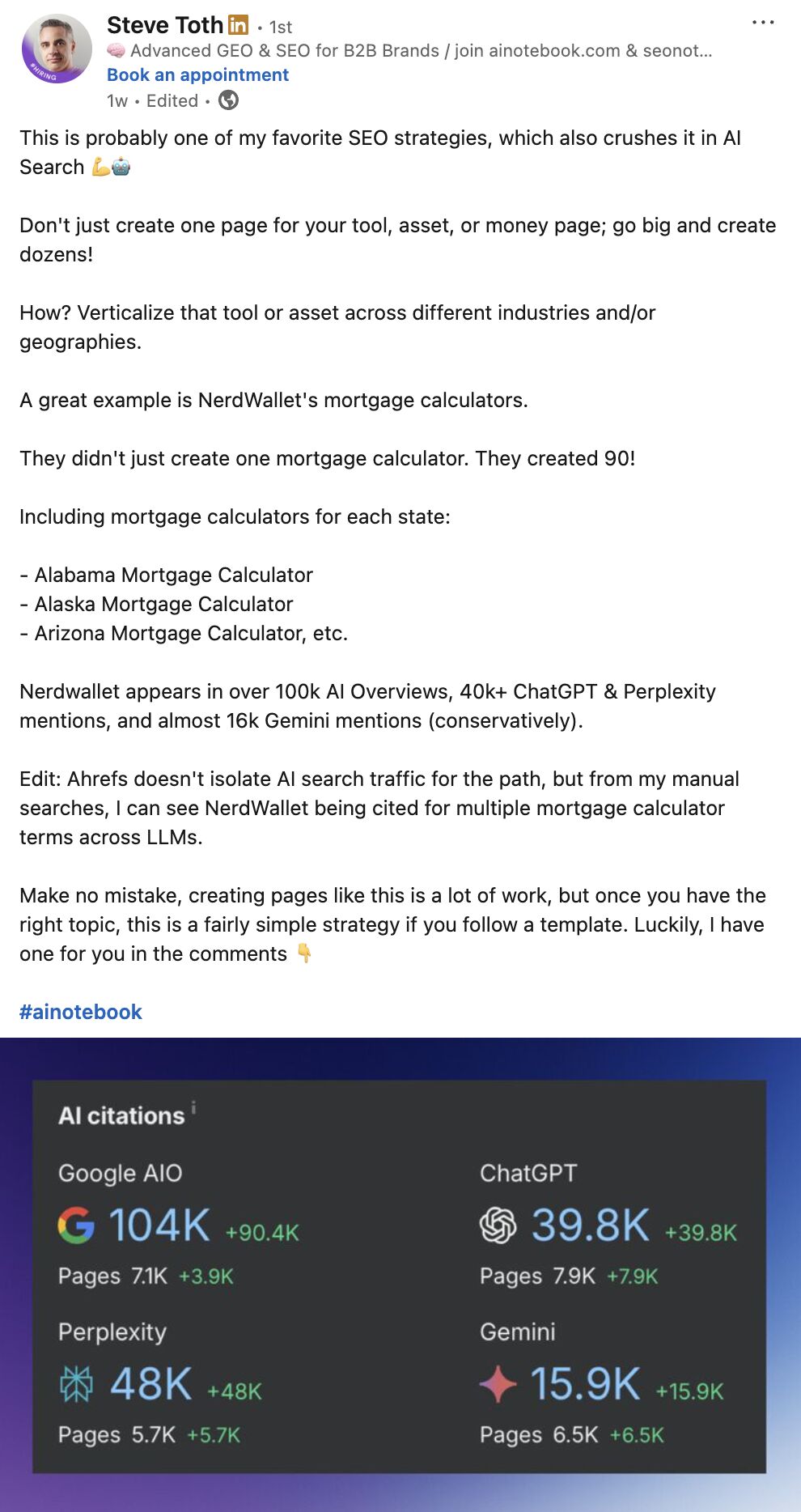 Publicación de LinkedIn de Steve Toth sobre estrategia SEO que muestra el enfoque de la calculadora de hipotecas de NerdWallet. La publicación explica la creación de docenas de páginas para herramientas/activos en diferentes industrias y geografías, citando las 90 calculadoras de hipotecas de NerdWallet para cada estado. Debajo hay un panel de análisis oscuro que muestra "menciones de IA" con métricas para Google AIO (104K menciones, 7.1K páginas), ChatGPT (39.8K menciones, 7.9K páginas), Perplexity (48K menciones, 5.7K páginas) y Gemini (15.9K menciones, 6.5K páginas), todas mostrando indicadores de crecimiento positivos.