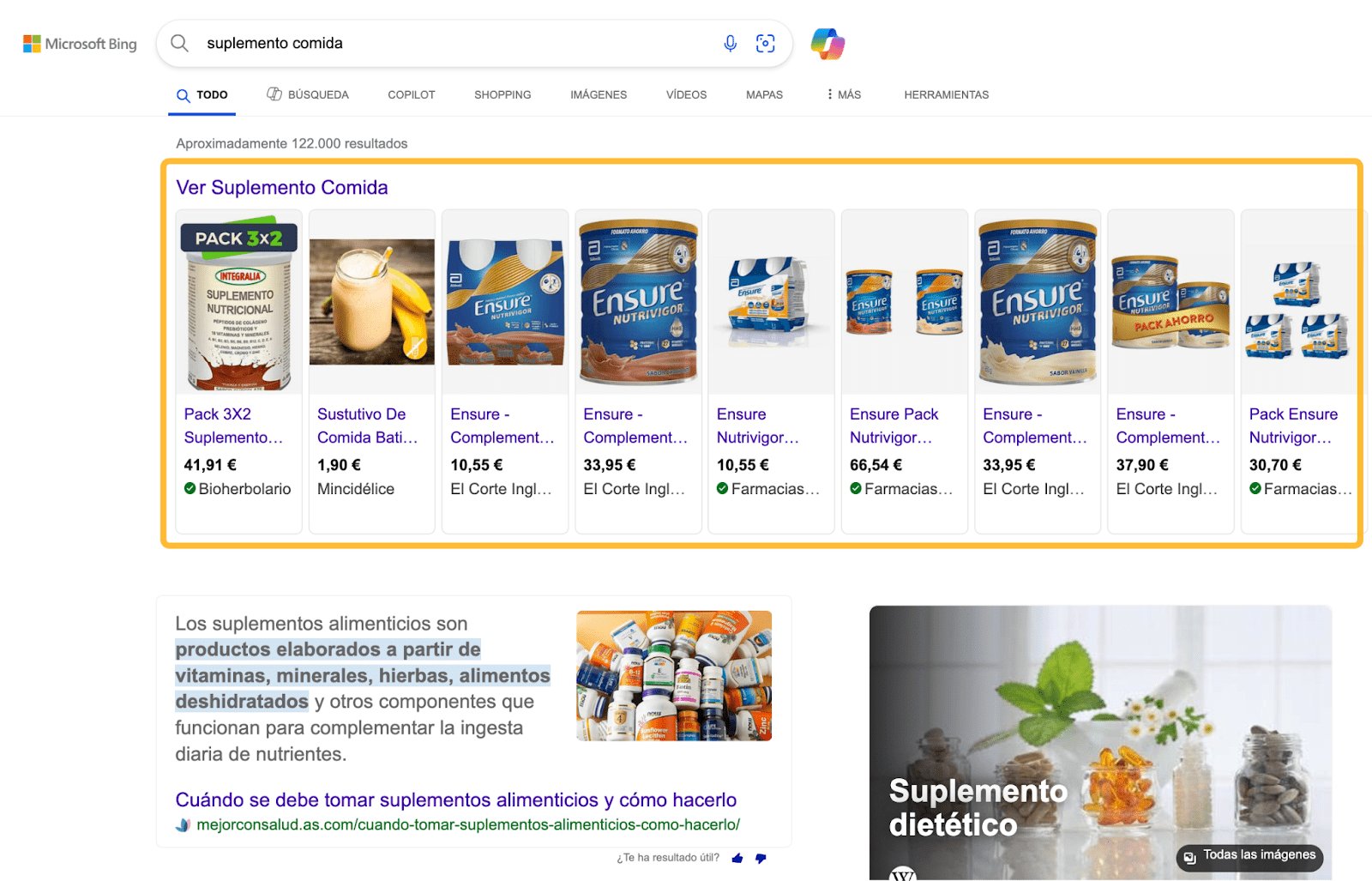 Sección de anuncios en Bing.
