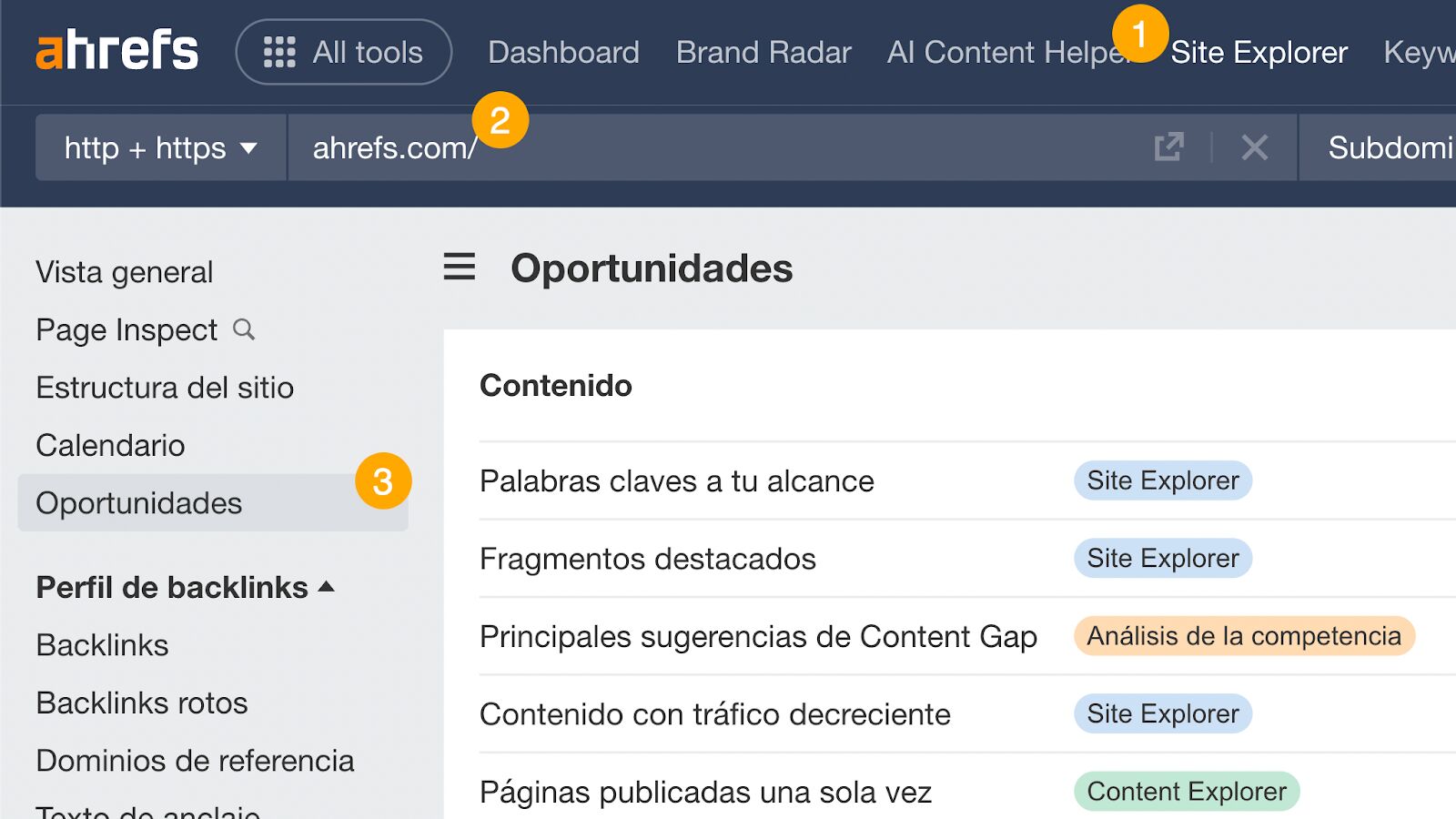 Informe de oportunidades de Site Explorer de Ahrefs.