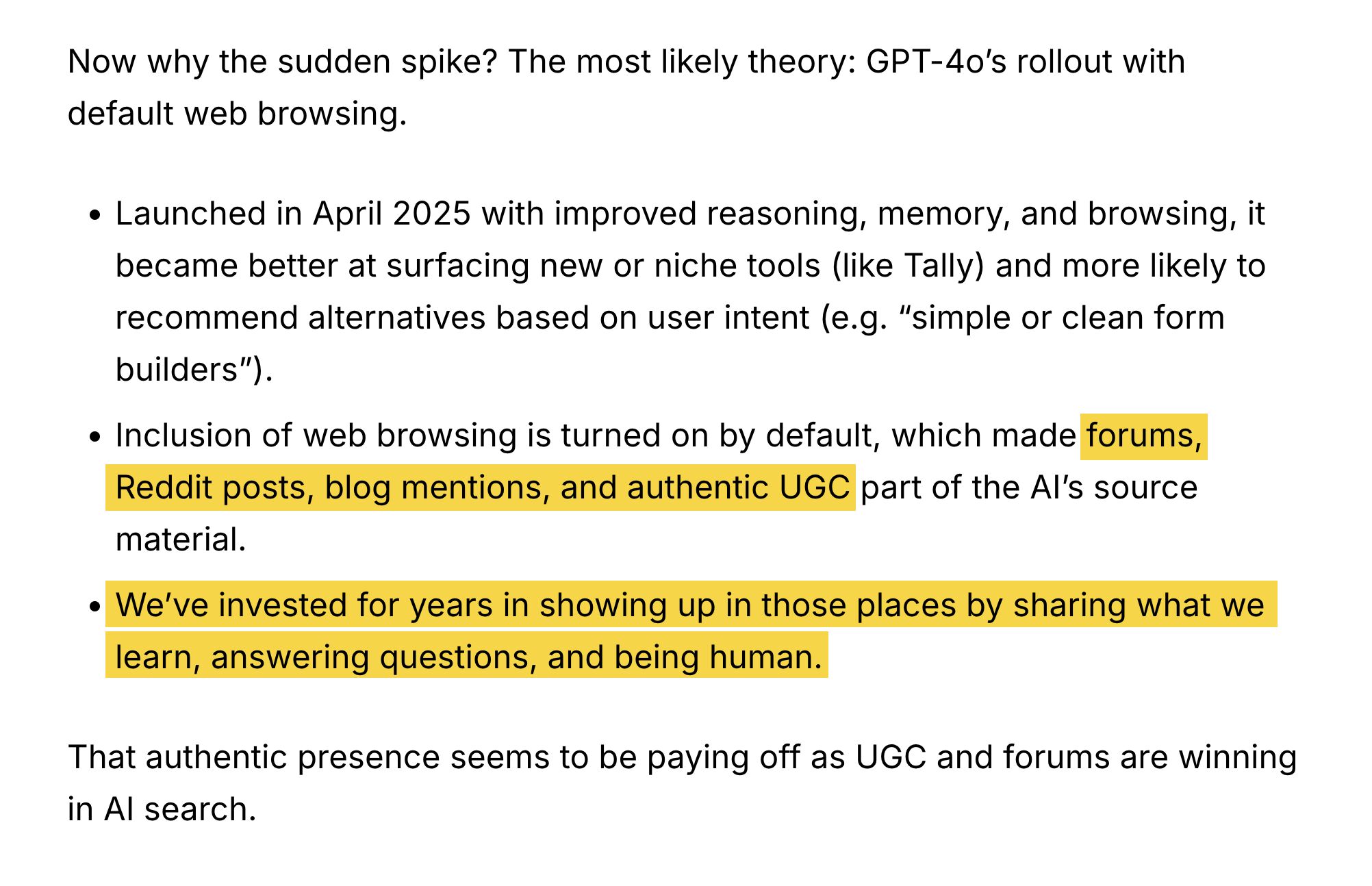 Fragmento de texto del blog de Tally que explica el impacto de GPT-4o en la navegación web, con secciones destacadas que señalan que los foros, las publicaciones de Reddit, las menciones en blogs y el UGC auténtico se convirtieron en parte del material fuente de la IA, y que las empresas invirtieron en aparecer en estos lugares compartiendo conocimientos y siendo humanas.