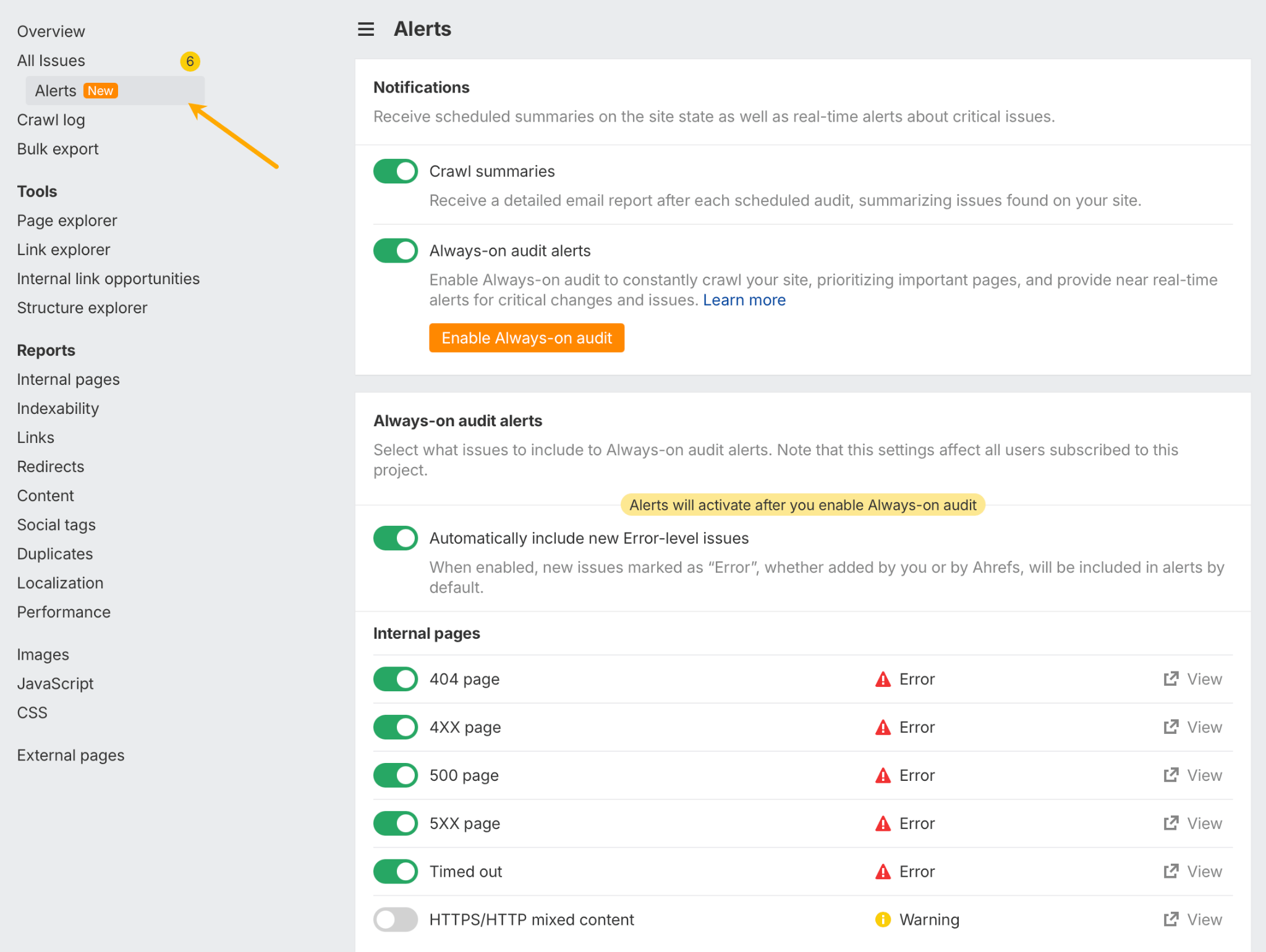 Configuración de alertas en Site Audit.