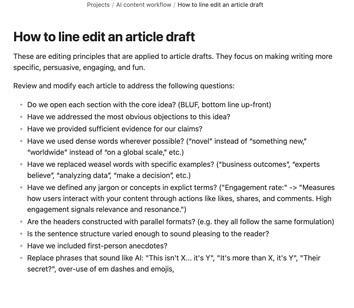 Documento de proceso para la edición de estilo de un borrador de artículo.