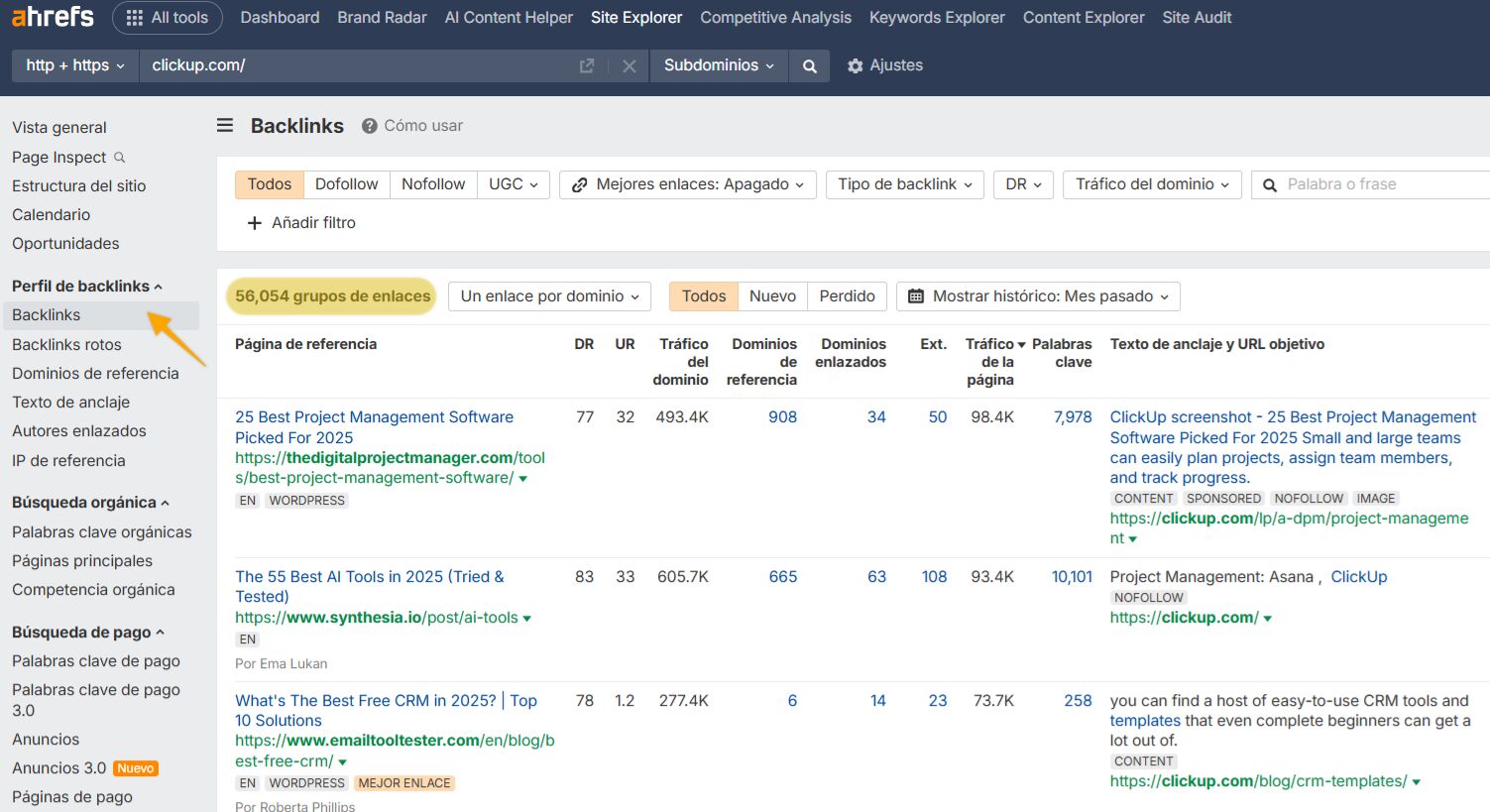 Informe de backlinks en Site Explorer.