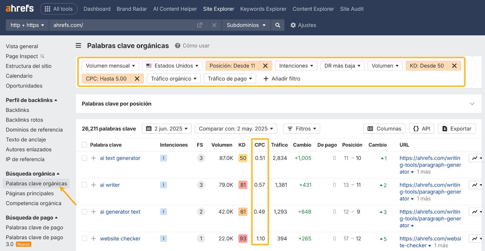 Informe de Palabras clave orgánicas de Site Explorer de Ahrefs.