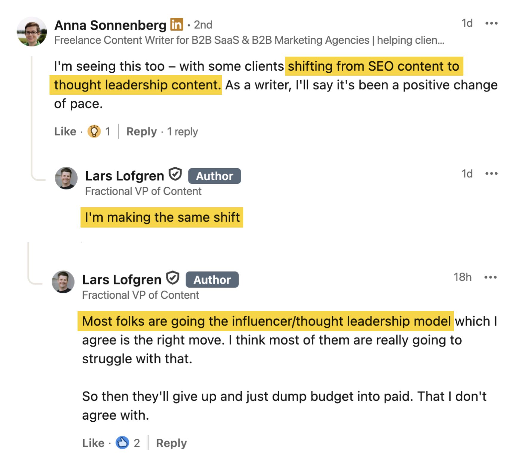 Hilo de comentarios de LinkedIn que muestra a Anna Sonnenberg (Redactora de Contenidos Freelance para B2B SaaS y Agencias de Marketing B2B) comentando que está viendo a clientes "cambiando de contenido SEO a contenido de liderazgo de opinión" (resaltado en amarillo), calificándolo como un cambio de ritmo positivo. Debajo, Lars Lofgren (VP Fraccional de Contenido, marcado como Autor) responde "Estoy haciendo el mismo cambio" (resaltado en amarillo) y en un comentario más largo señala que "La mayoría de la gente está yendo por el modelo de influencer/liderazgo de opinión, lo cual estoy de acuerdo es el movimiento correcto" (resaltado en amarillo), pero predice que muchos tendrán dificultades y finalmente simplemente volcarán el presupuesto en publicidad de pago, con lo que no está de acuerdo.