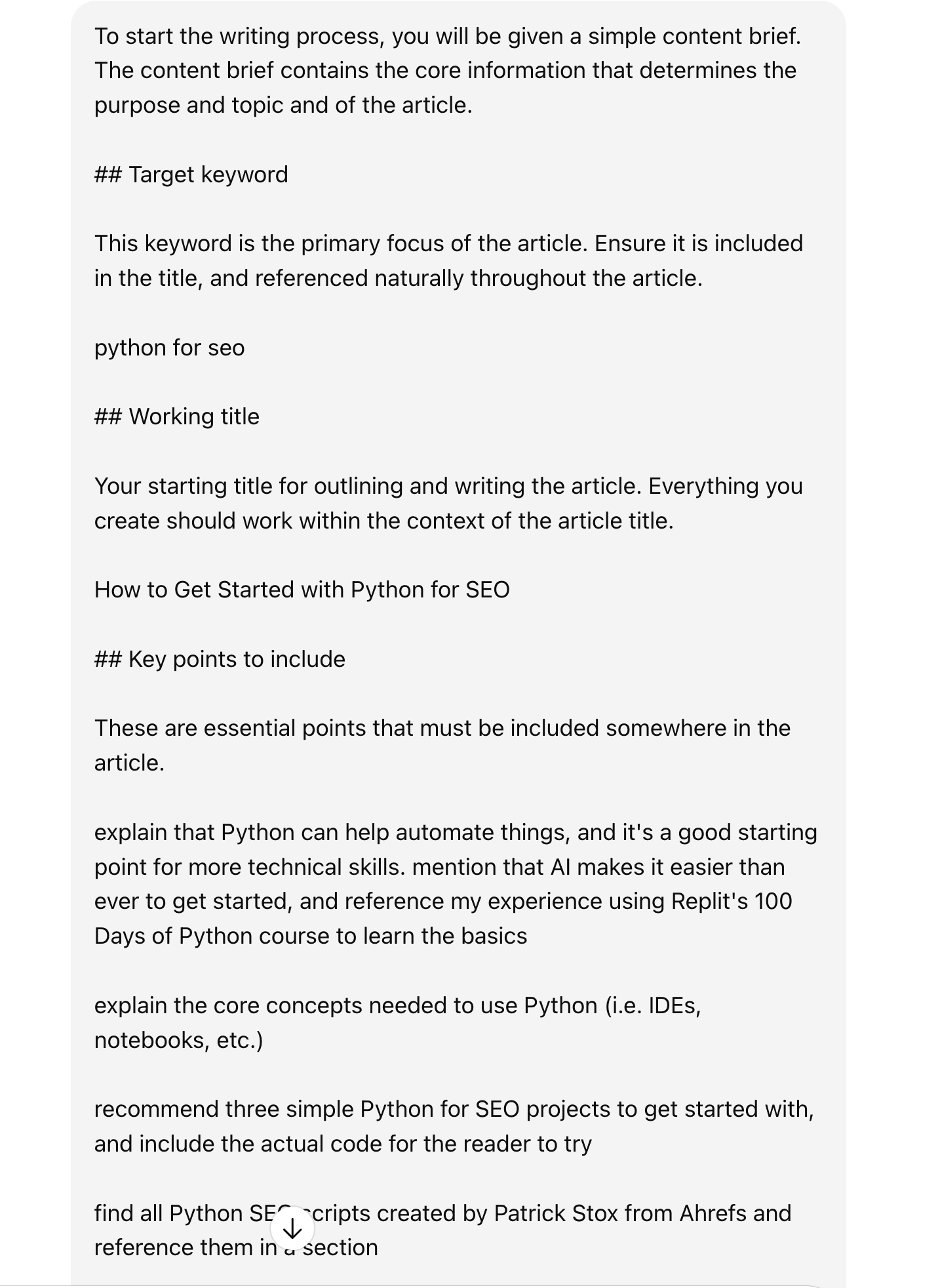 Plantilla de brief de contenido para la generación de artículos.