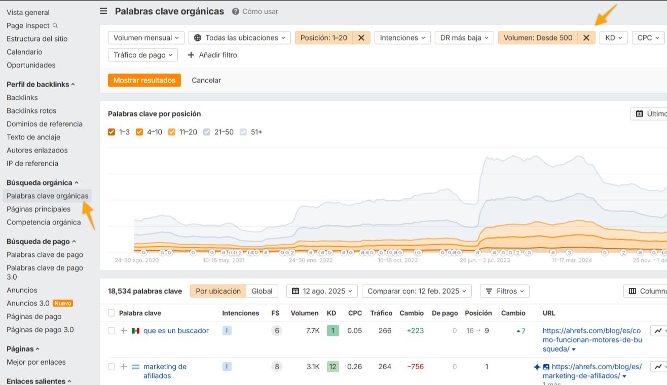 Uso de filtros en el informe de palabras clave orgánicas.