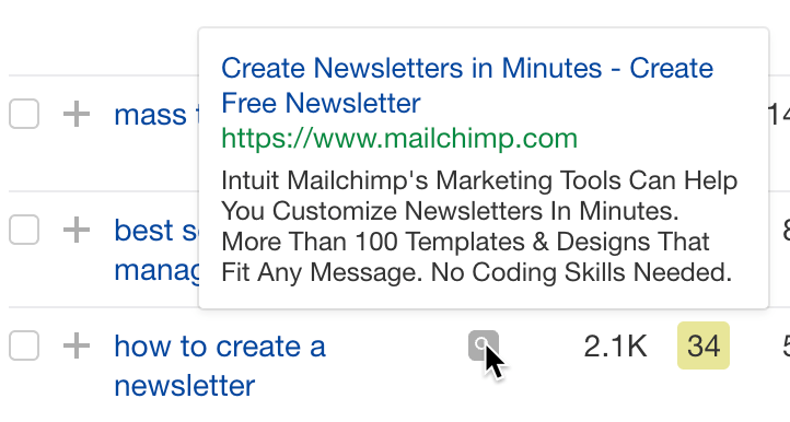 Anuncio de Mailchimp en Google para la palabra clave "how to create a newsletter".