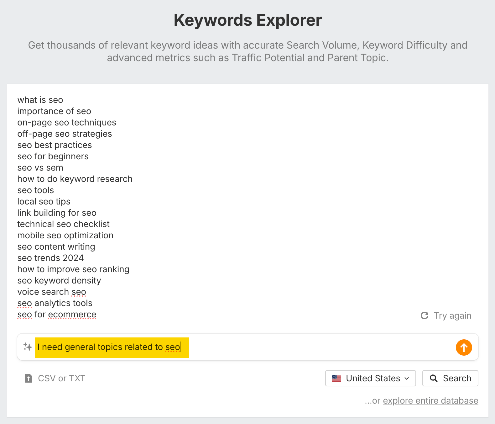 Captura de pantalla de la herramienta Keywords Explorer de Ahrefs. Un usuario está escribiendo "Necesito temas generales relacionados con el SEO" en la barra de búsqueda, demostrando cómo usar la función de IA para hacer una lluvia de ideas de contenido.