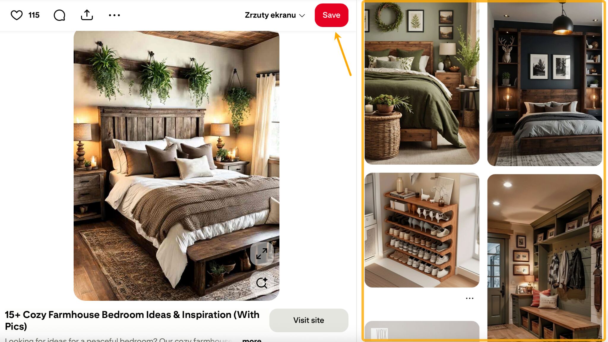 Captura de pantalla de la interfaz de usuario de Pinterest que muestra una imagen grande de un dormitorio de estilo farmhouse. Una flecha señala el botón 'Guardar', y una barra lateral muestra pines relacionados visualmente similares para más inspiración de decoración del hogar.