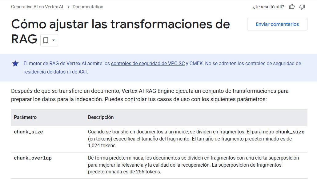 Captura de pantalla de las preferencias de transformación de RAG para el ajuste fino de Vertex AI.