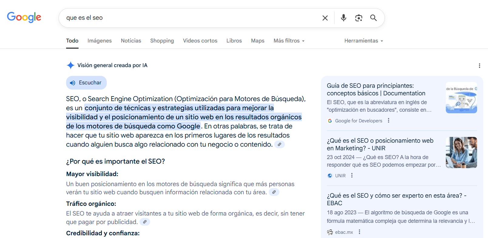 Captura de pantalla de una búsqueda en Google de "qué es el SEO" que muestra un AI Overview en la parte superior. La respuesta generada por IA define el SEO y está resaltada para mostrar de dónde procede la información.