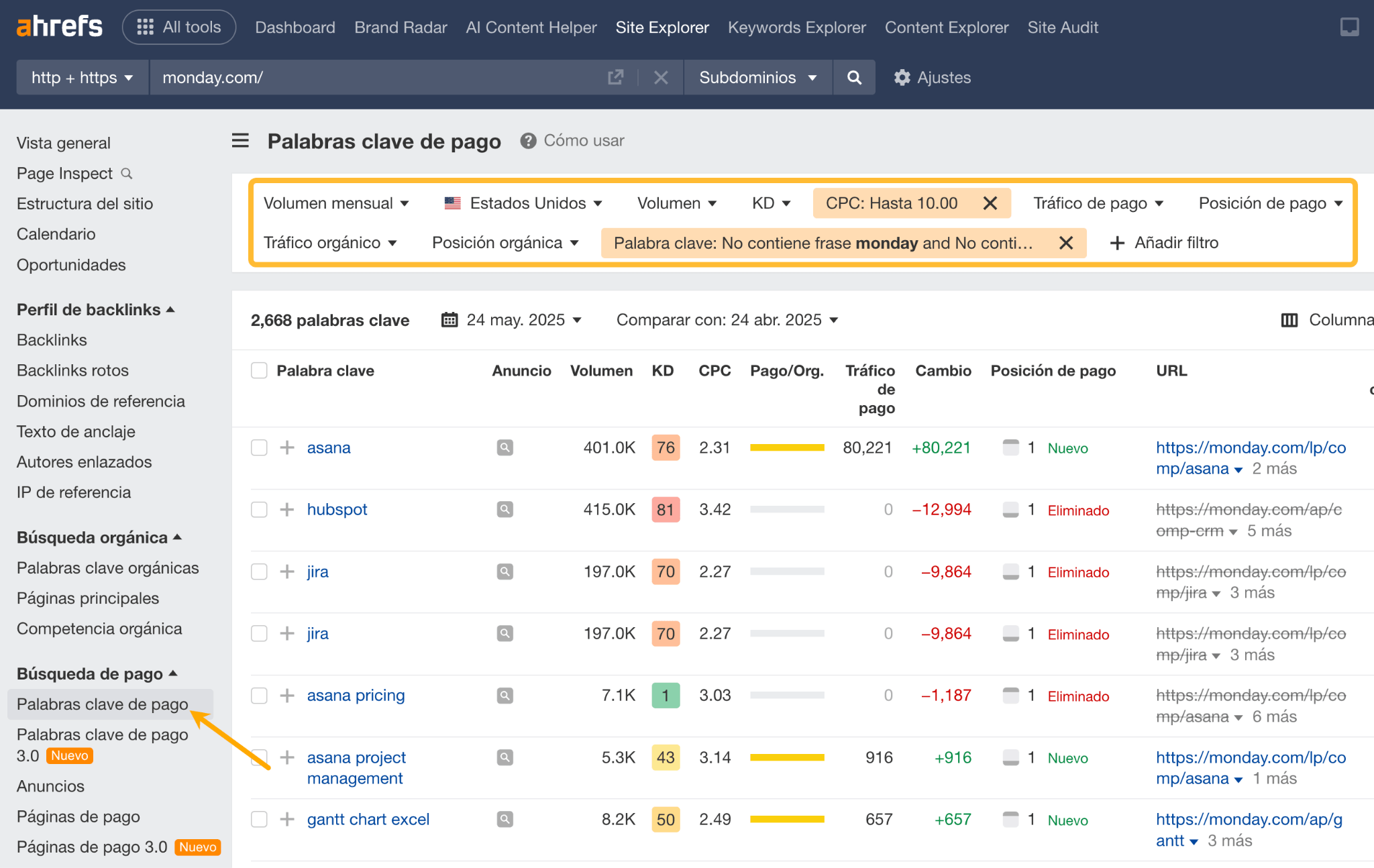 Estableciendo filtros en el informe de Palabras clave de Pago de Site Explorer.